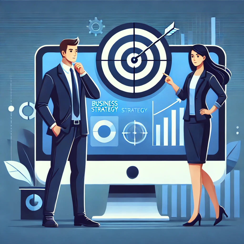 DALL·E 2024-09-20 18.33.24 - A business illustration similar to the previous one, with two people, a man and a woman, standing in front of a large computer screen displaying chart